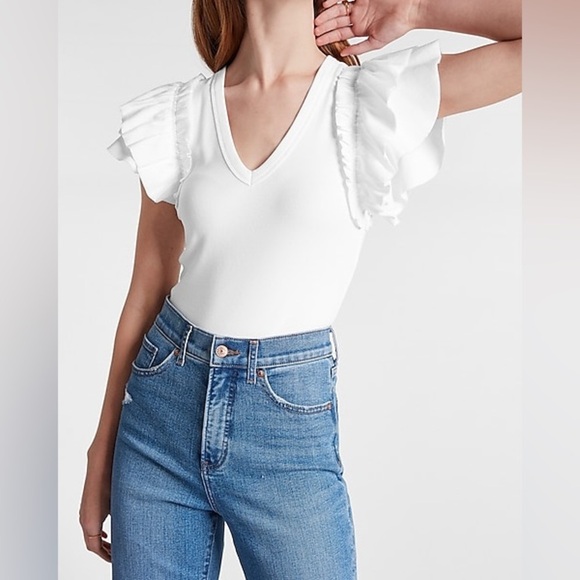 Express Black Ruffled Cap Sleeve Bodysuit - Picture 1 of 7